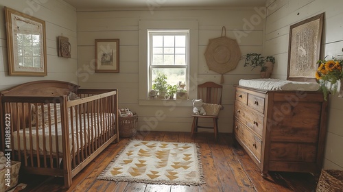 Farmhouse nursery with distressed wood furniture a quilted blanket and a woven wall hanging utilizing reflective surfaces to enhance a cozy livedin atmosphere