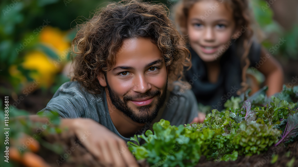 Smiling Man and Child Gardening Together in Organic Vegetable Garden Smiling Man and Child Gardening Together in Organic Vegetable Garden