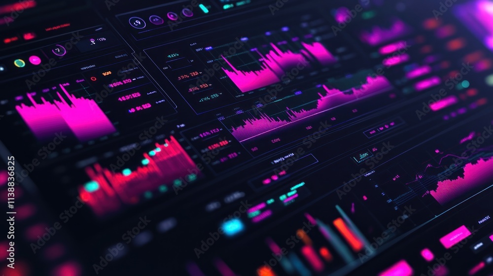 Fototapeta premium Futuristic Data Visualization: A captivating display of dynamic graphs and charts showcasing market trends and financial data.