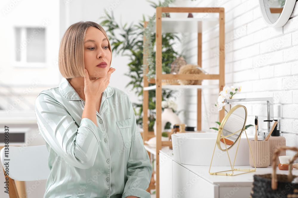 Woman doing face building exercise in bathroom Woman doing face building exercise in bathroom