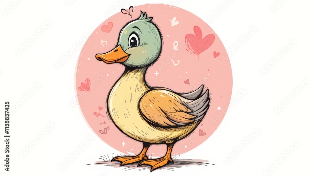 Obraz premium Charming cartoon duck surrounded by hearts in a whimsical setting