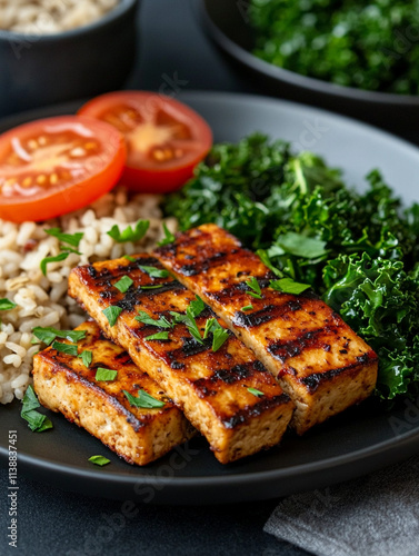 Delicious grilled tofu with rice and vegetables on plate