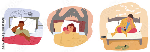 Young people characters feeling frustrated and depressed suffering from sleep disorder and insomnia