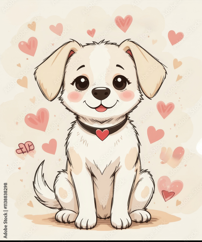 Fototapeta premium Cute cartoon puppy surrounded by colorful hearts spreading joy and happiness