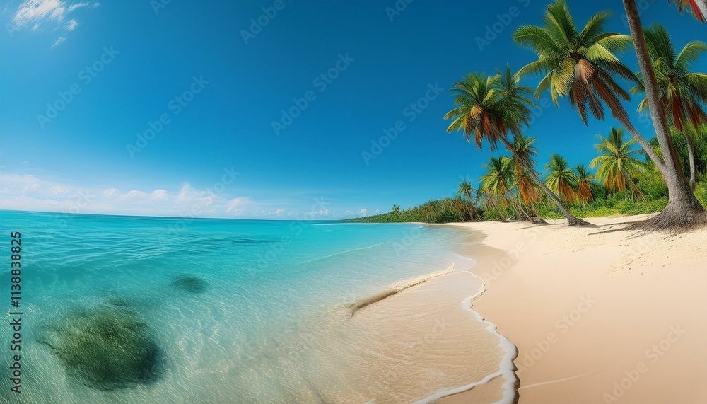 A panoramic view of a fine sandy beach lined with palm trees, with a turquoise sea and a clear sky. A panoramic view of a fine sandy beach lined with palm trees, with a turquoise sea and a clear sky.