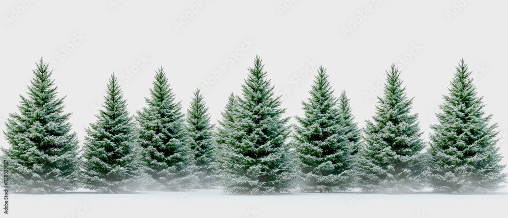 Fototapeta premium A row of snow-covered evergreen pine trees against a light gray background creating a winter forest borderline. Generative AI.