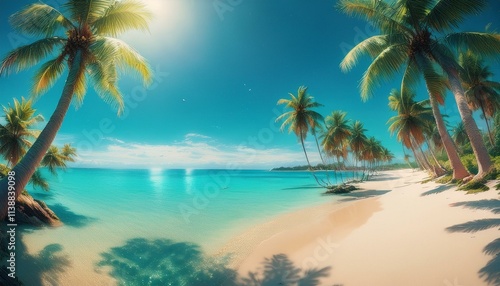 A panoramic view of a fine sandy beach lined with palm trees, with a turquoise sea and a clear sky.