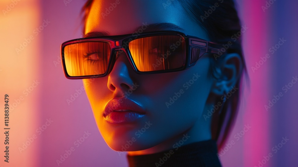 Profile of a woman wearing reflective futuristic sunglasses with neon glow Profile of a woman wearing reflective futuristic sunglasses with neon glow