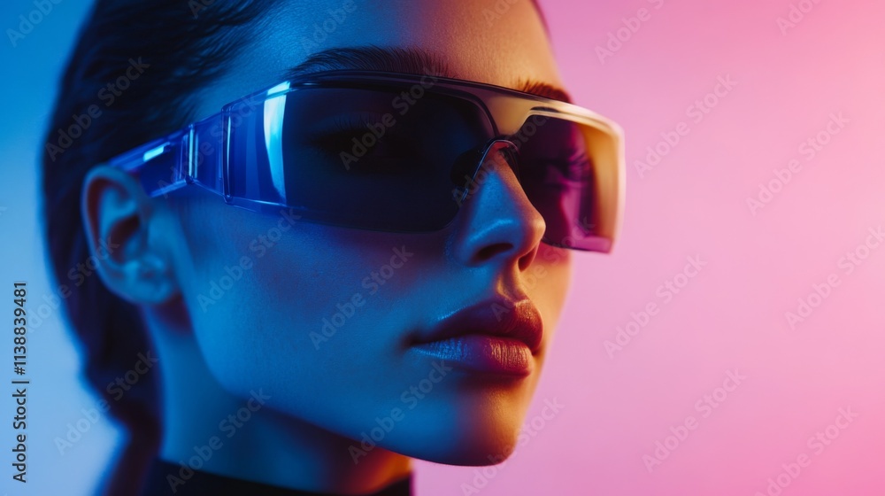 Side portrait of a woman with futuristic sunglasses and blue neon glow Side portrait of a woman with futuristic sunglasses and blue neon glow