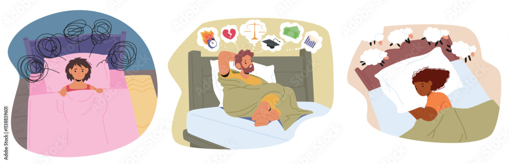 Unhappy sorrowful people lying in bed suffering from insomnia due to negative tangled thoughts Unhappy sorrowful people lying in bed suffering from insomnia due to negative tangled thoughts