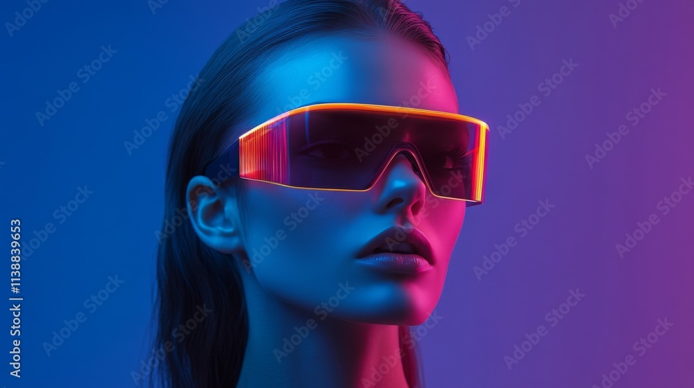 Futuristic portrait of a woman with glowing red visor glasses Futuristic portrait of a woman with glowing red visor glasses