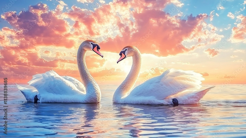 Fototapeta premium Two elegant swans gracefully swim together at sunset, surrounded by vibrant clouds.