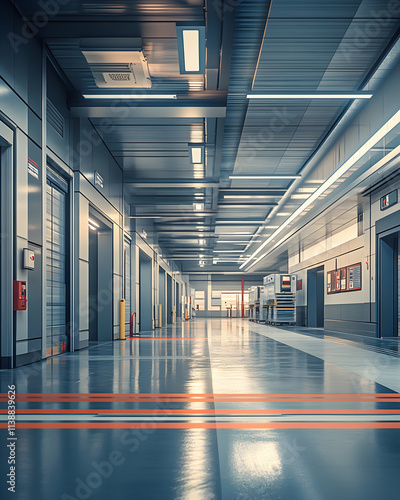 Modern industrial hallway with loading docks and sleek design.  Perfect for concepts related to technology, logistics, and manufacturing. photo