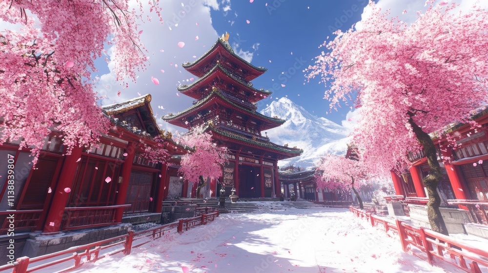 Fototapeta premium Red Pagoda Snow Scene Cherry Blossoms Mountain