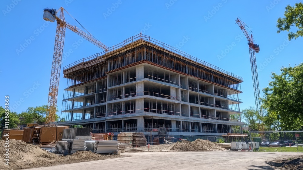 Construction site with cranes and unfinished buildings under blue sky Construction site with cranes and unfinished buildings under blue sky