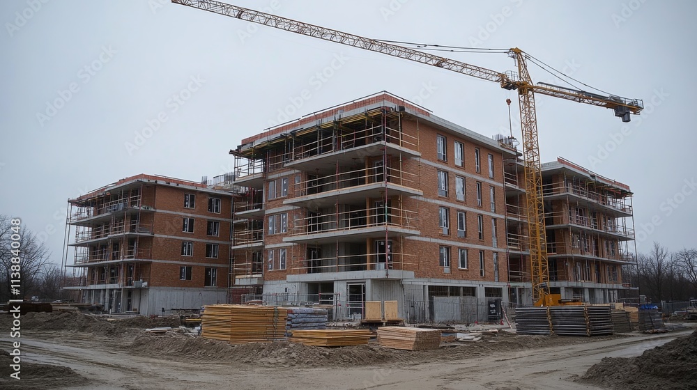 New building under construction with cranes and scaffolding New building under construction with cranes and scaffolding