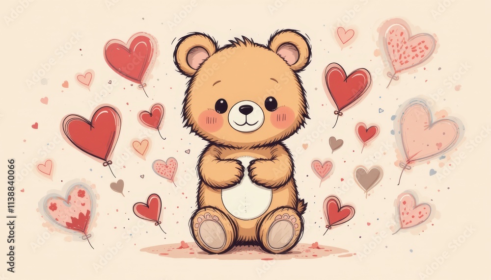 Cute bear surrounded by colorful hearts and balloons for a joyful celebration of love Cute bear surrounded by colorful hearts and balloons for a joyful celebration of love