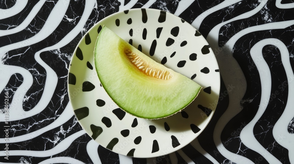 Fototapeta premium Sliced cantaloupe on spotted plate, black-white marbled background.