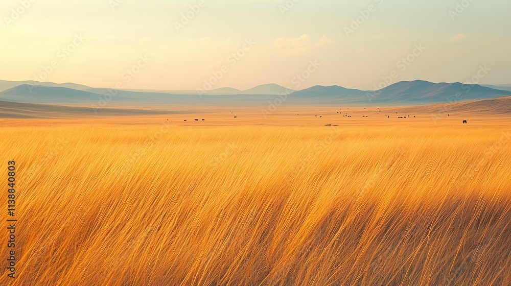 Obraz premium Golden wheat field swaying under sunlight with distant hills