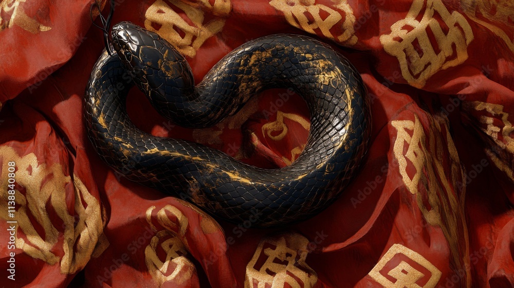 Fototapeta premium Black Snake Coiled On Red Gold Embroidered Fabric