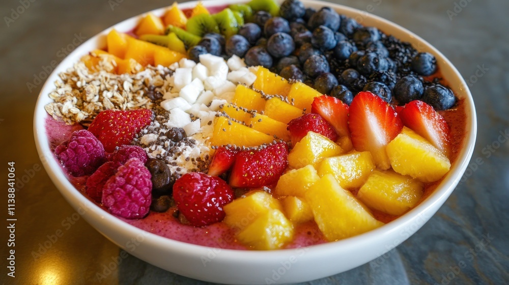 Colorful smoothie bowl with various fruits, granola, and chia seeds. Colorful smoothie bowl with various fruits, granola, and chia seeds.