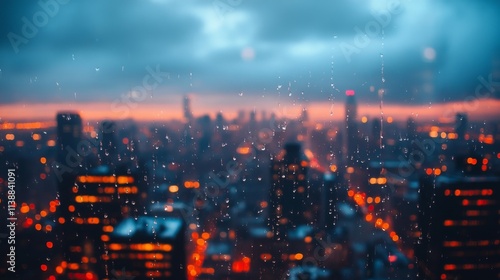 City skyline with blurred lights during twilight