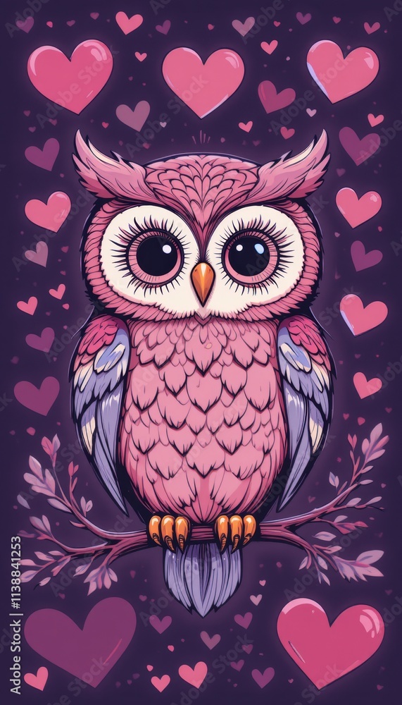 Fototapeta premium Cute owl with hearts surrounded by whimsical decorations on a soft backdrop