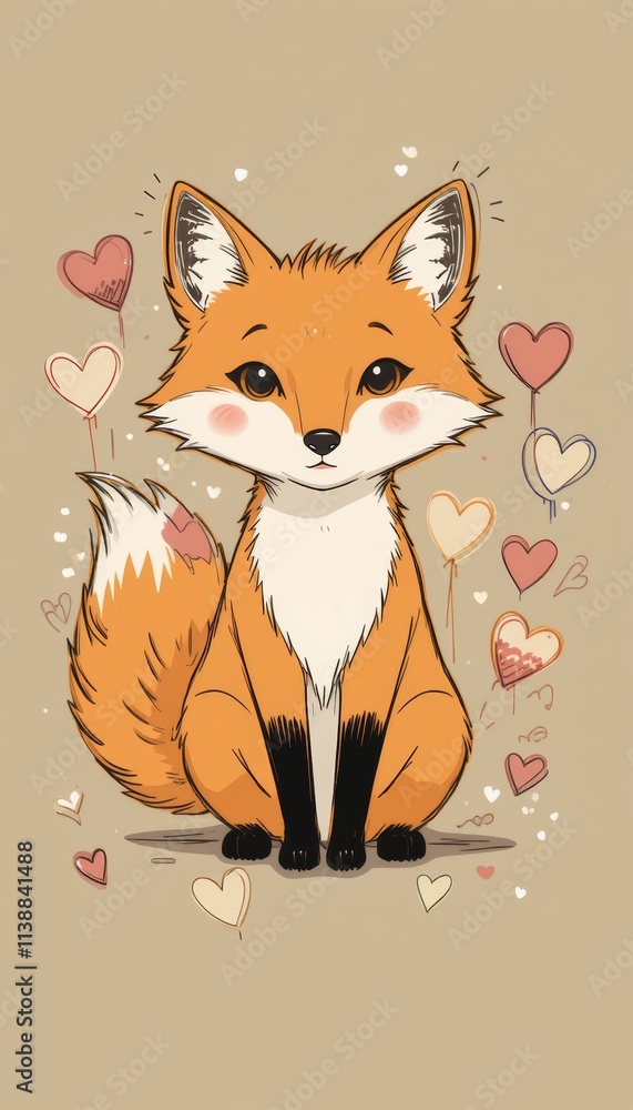 Obraz premium Cute fox surrounded by hearts expresses love in a whimsical cartoon style