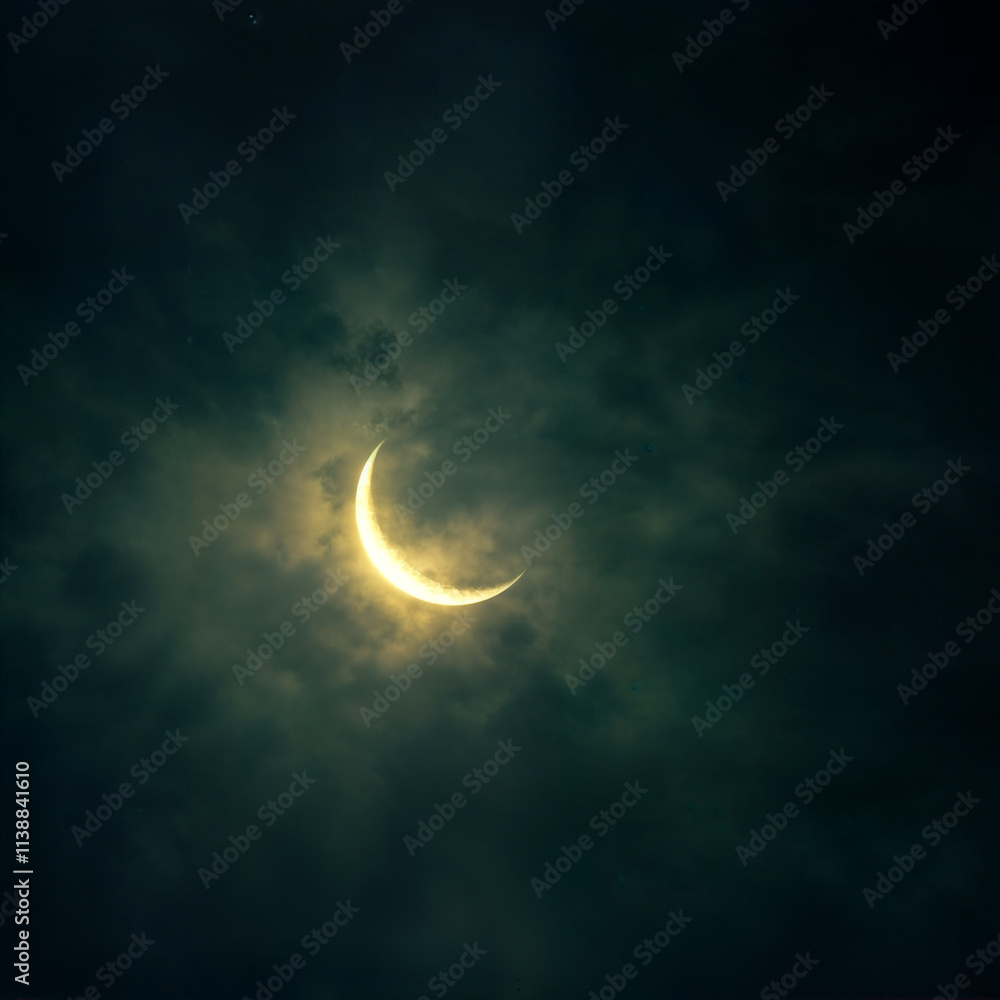 a crescent moon with a soft, glowing light in the center, set against a dark, cloudy sky. The moon's light appears to be diffused by the surrounding clouds, creating a serene and sligh a crescent moon with a soft, glowing light in the center, set against a dark, cloudy sky. The moon's light appears to be diffused by the surrounding clouds, creating a serene and sligh