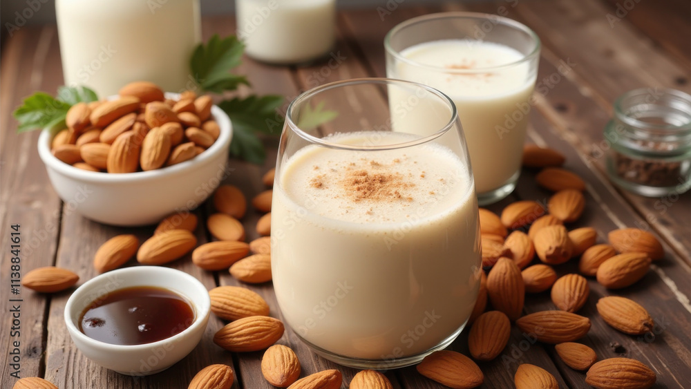 Almond milk drink with cinnamon garnish and fresh almonds Almond milk drink with cinnamon garnish and fresh almonds