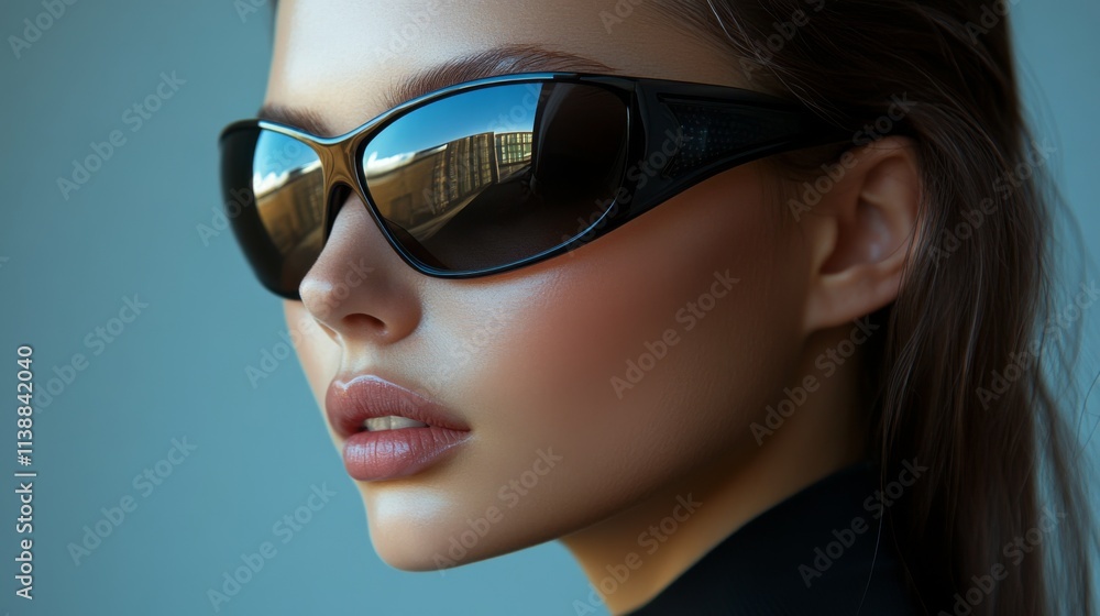 Closeup of a woman wearing black sunglasses with soft lighting Closeup of a woman wearing black sunglasses with soft lighting