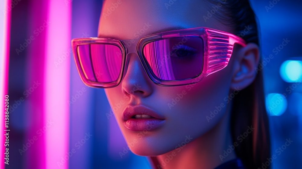 Stylized portrait of a person in pink futuristic sunglasses with neon glow Stylized portrait of a person in pink futuristic sunglasses with neon glow