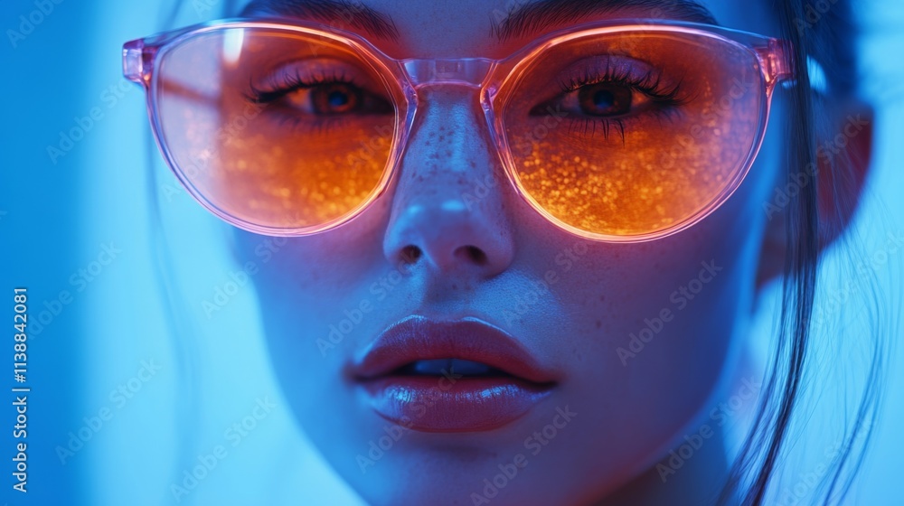 Stylized portrait of a person wearing orange futuristic sunglasses with blue lighting Stylized portrait of a person wearing orange futuristic sunglasses with blue lighting