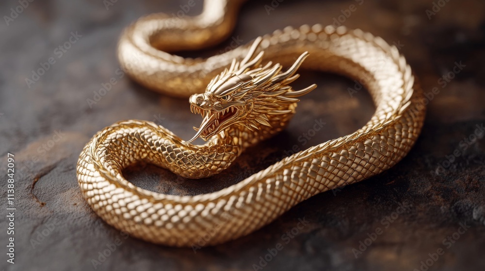 Golden Dragon Serpent Coiled Majestically On Dark Surface Golden Dragon Serpent Coiled Majestically On Dark Surface