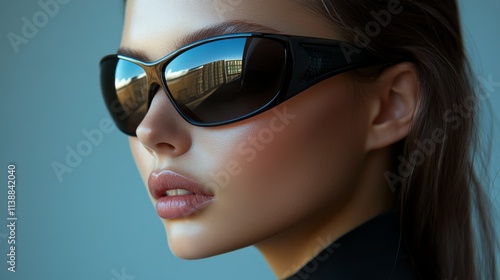 Closeup of a woman wearing black sunglasses with soft lighting