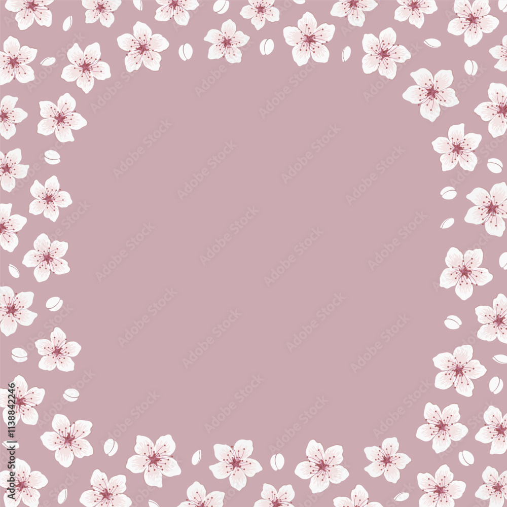 Spring Floral Square Frame. Background with Cherry Blossom. Beautiful White Flowers, Buds on Pink Background. Vector illustration Spring Floral Square Frame. Background with Cherry Blossom. Beautiful White Flowers, Buds on Pink Background. Vector illustration