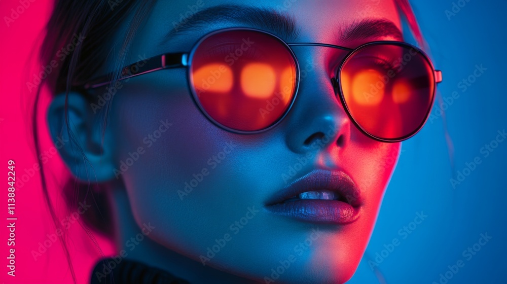Portrait of a stylish woman wearing red round sunglasses with neon light Portrait of a stylish woman wearing red round sunglasses with neon light