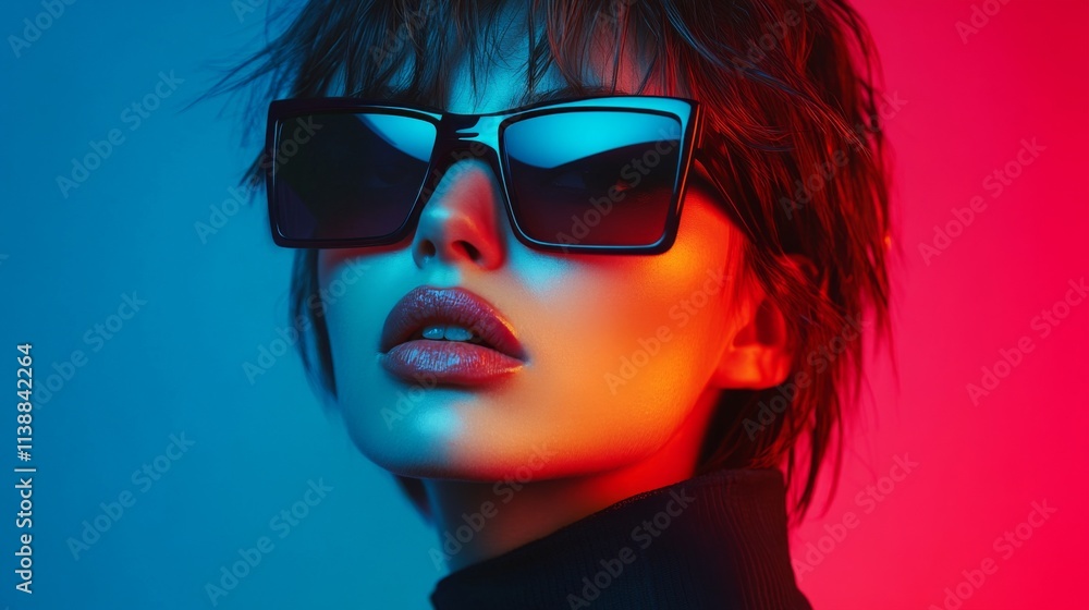 Stylish woman wearing modern sunglasses with a vibrant neon red and blue background Stylish woman wearing modern sunglasses with a vibrant neon red and blue background