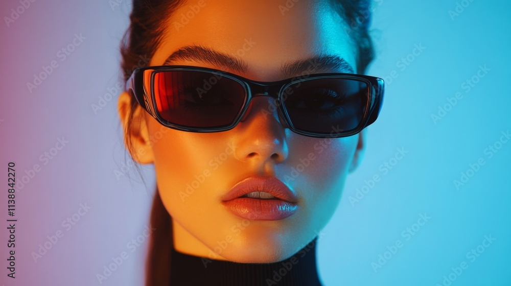 Confident woman wearing black sunglasses with a vibrant blue and red background Confident woman wearing black sunglasses with a vibrant blue and red background