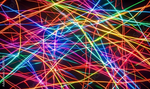 Abstract vibrant light trails on black background.