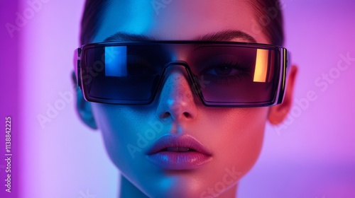 Close-up of a confident woman wearing black modern sunglasses under pink lighting