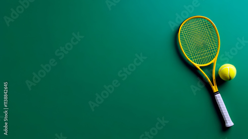 Tennis Racket and Ball on Green Background, Space for Copy