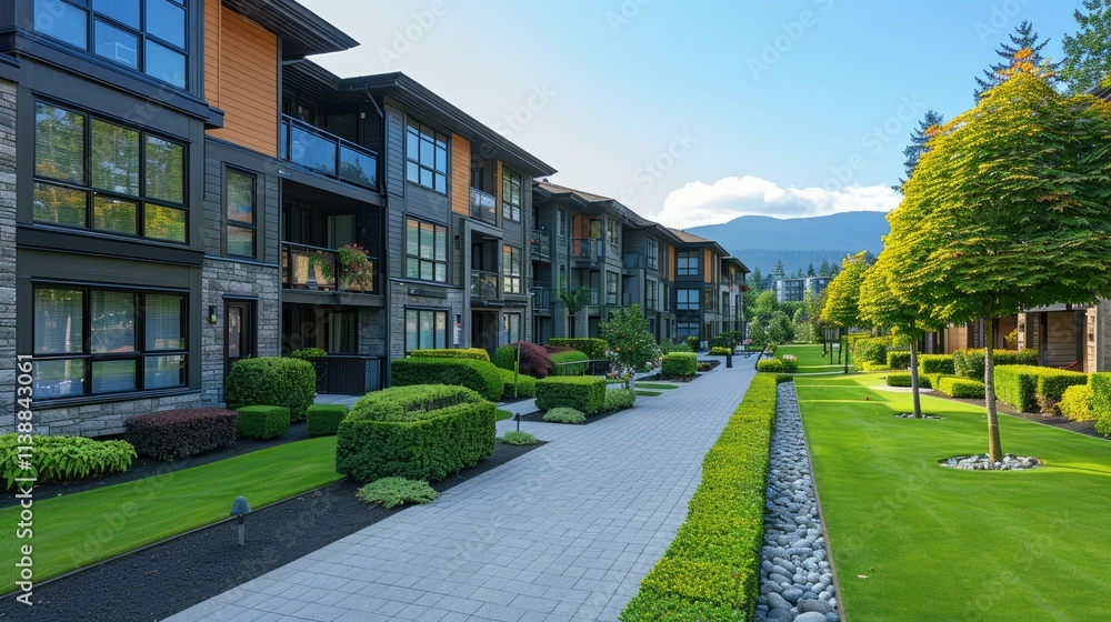 Fototapeta premium Modern apartment complex with landscaped gardens and walkways under a clear blue sky.