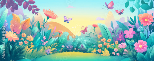 Fairy garden. Enchanted plants, whimsical fairies, vibrant flowers, and magical creatures, creating a charming and magical garden scene, vector illustration, flat style.