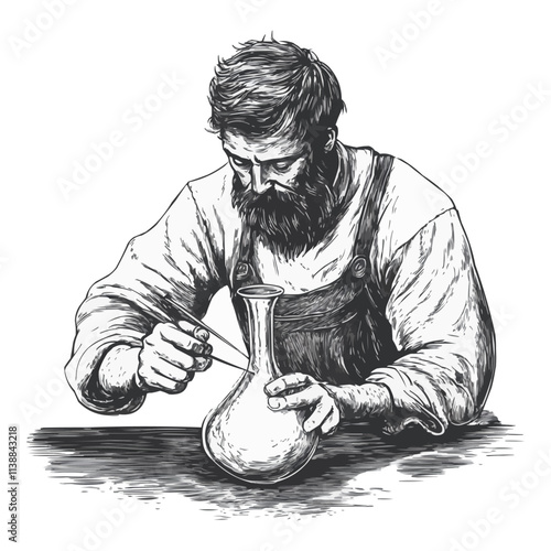 Glassblower shaping a vase sketch engraving vector illustration. Imitation of a scratch board. Black and white image. Vector