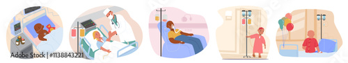 Childhood cancer scene with sick children receiving medical help at hospital vector illustration
