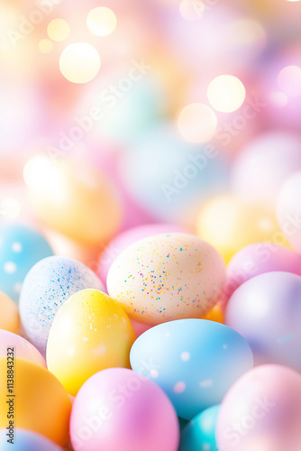 A delightful collection of pastel-colored eggs fills the frame, reflecting the joy of spring and Easter celebrations