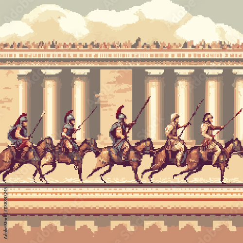 Illustrate pixel art ancient battles with warriors and chariots, vector icon design, flat style.