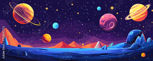 Illustrate a pixel art space scene with planets and stars, vector icon design, flat style.