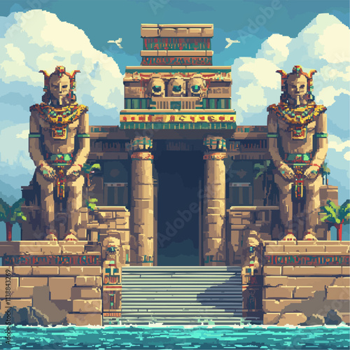 Illustrate pixel art ancient temples with sacred statues and mystical symbols, vector icon design, flat style.
